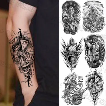 3D Черни Временни Татуировки С Компас И За Мъжете, И за Възрастни, Реалистична Статуя на Самурай, Фалшива Татуировка, Стикер На Ръката, Бедрото, Татуировка, Превръзка