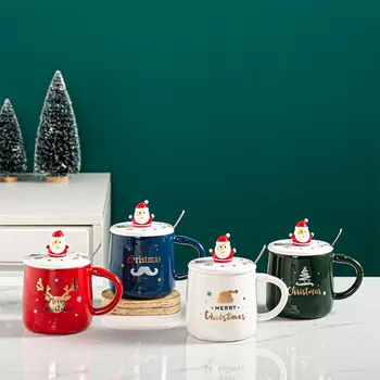 Коледен Лосове Дядо Коледа Мультяшная Чаша Керамична Чаша За Вода С Капак И Лъжица Кафе Млечен Цвят За Чай Прибори Strike Подарък