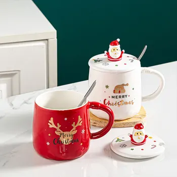 Коледен Лосове Дядо Коледа Мультяшная Чаша Керамична Чаша За Вода С Капак И Лъжица Кафе Млечен Цвят За Чай Прибори Strike Подарък Изображение 2