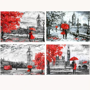 Диамантена бродерия червена двойка, Лондон уличен пейзаж, 5d диамантена живопис черно-бяла художествена картина от кристали начало декор мозайка