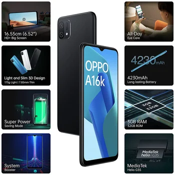 OPPO A16k Глобалната версия на смартфона MTK Хелио G35 Восьмиядерный 3/4 GB 32/64 GB 13-МЕГАПИКСЕЛОВА Основна камера 6,52 