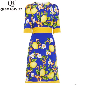 Цян Хан Zi Модно Дизайнерско Лятна Рокля На модния Подиум с къс ръкав в ретро стил, лимоново дебнещ рокля с флорални принтом, елегантна жена
