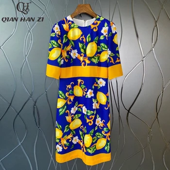 Цян Хан Zi Модно Дизайнерско Лятна Рокля На модния Подиум с къс ръкав в ретро стил, лимоново дебнещ рокля с флорални принтом, елегантна жена Изображение 2