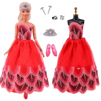 Костюм от пет теми (1 дреха + 4 декорации и аксесоари), в Елегантна червена рокля вечерна рокля подходяща за Барби кукли 30 см