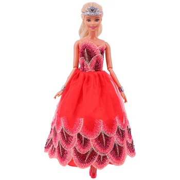 Костюм от пет теми (1 дреха + 4 декорации и аксесоари), в Елегантна червена рокля вечерна рокля подходяща за Барби кукли 30 см Изображение 2