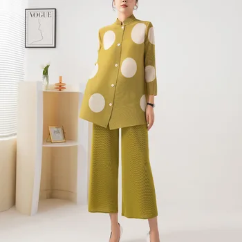 Дамски Комплекти 2022 Miyake Нагънат Вислоухие Модни Високи Свободни Голям Размер На Грах С Принтом Костюм От две части на приливи и отливи