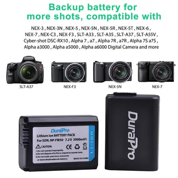 DuraPro 2000 ма батерия NP-FW50 NP FW50 Батерия + LCD-дисплей, Dual USB Зарядно Устройство За Sony a6500 a6400 a6300 a6000 a5000 a3000 NEX-3 a7 7R a7R a7R II Изображение 2