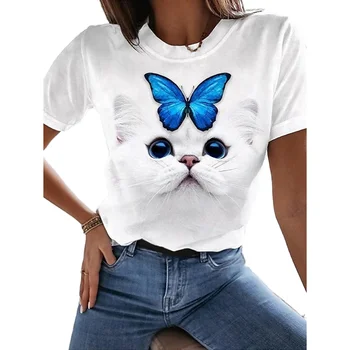 2021 Нов Дишащ Женски Пуловер, Тениска с 3D Принтом Котка от Карикатура, Свободна Тениска с Кръгло деколте и Къси Ръкави, през Пролетта на Случайни Топ Размера на Плюс Изображение 2