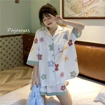 Пижами За жени, комплект летни дрехи от 2 теми, Нов Корейски стил, сладък и тънки къси Панталони с къси ръкави, Сатен, пижамный комплект, домашна рокля