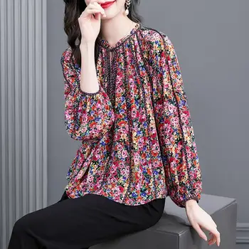 Ежедневна блуза от висок клас, голяма брандираната коприна блуза с рюшами, дамски пролетно новост 2022 г., висококачествена коприна риза с кръгло деколте за мама