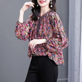 Ежедневна блуза от висок клас, голяма брандираната коприна блуза с рюшами, дамски пролетно новост 2022 г., висококачествена коприна риза с кръгло деколте за мама Изображение 2