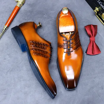 DESAI/пролетно-зимни модела обувки в света на стил в британския стил; мъжки Кожени Тъкани обувки-Oxfords в стил ретро; Тенденция Официалната обувки с квадратни пръсти дантела Изображение 2
