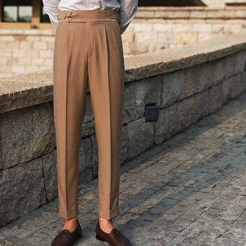 Бели прави Панталони с висока Талия За Почивка, Мъжки Универсални Офис Панталони, Модерен Бизнес Италиански Парижките Панталони с Копчета, Модни Изображение 2