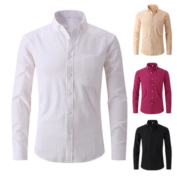 Мъжки пролет-есен памучен модни тънка однотонная риза с дълъг ръкав, мъжки благородна бизнес ежедневно бельо риза, Работно облекло Изображение 2