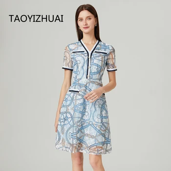 TAOYIZHUAI Брендовое френското нишевое дантелено рокля, женски нова лятна рокля в голям размер, с тънка талия и къси ръкави