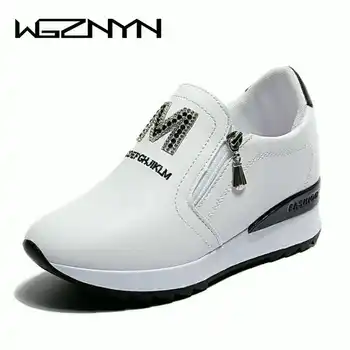 WGZNYN/ дамски дамски обувки от естествена кожа на танкетке и Висок ток, маратонки на платформа, Уголемени Вътрешна мокасини с цип, дамски обувки W309