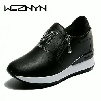 WGZNYN/ дамски дамски обувки от естествена кожа на танкетке и Висок ток, маратонки на платформа, Уголемени Вътрешна мокасини с цип, дамски обувки W309 Изображение 2