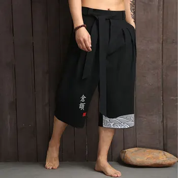 Японското Кимоно Традиционните Панталони Мъжки Азиатски Облекло Баня Панталони Ежедневните Свободни Мъжки Панталони В Японски Стил Ленени Скъсяване На Панталон Изображение 2