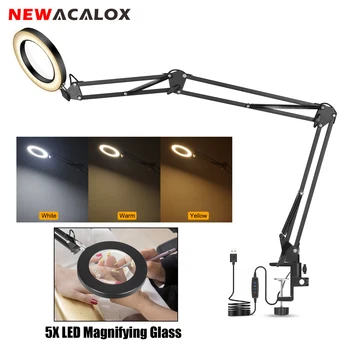 NEWACALOX 5X Led Увеличително стъкло С Дълга дръжка, Лупа С Осветление, Запояване, Трета Ръка Настолна Лампа, Заваряване/Настолна Лампа За Четене
