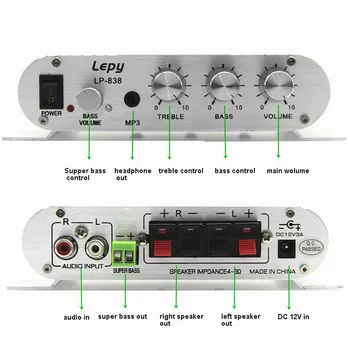 Lepy LP-838 с адаптер на захранване и av кабел 2.1 канал 3 мини стерео усилватели, Hi-FI, CD MP3, PC автомобилен субуфер amplificador Изображение 2