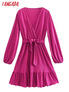 Tangada 2022 Модно Дамско Плиссированное рокля трапецовидна форма с V-образно деколте и Дълъг Ръкав, Офис Женствена мини рокля XN40