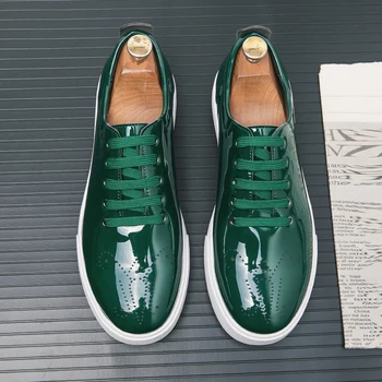 размери: 38-44, Висококачествени ежедневни обувки от лачена Кожа, дизайнерски Кожени Обувки със зелена Издълбани подметка, мъжки маратонки дантела, мокасини