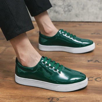 размери: 38-44, Висококачествени ежедневни обувки от лачена Кожа, дизайнерски Кожени Обувки със зелена Издълбани подметка, мъжки маратонки дантела, мокасини Изображение 2