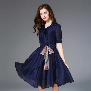 Лятото е нов бутиков женски дебнещ рокля с V-образно деколте, однотонное коприна ленено рокля