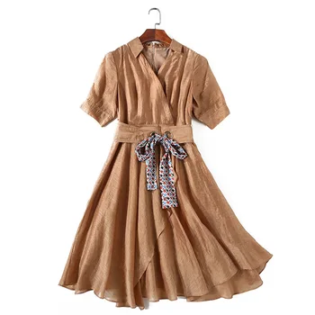 Лятото е нов бутиков женски дебнещ рокля с V-образно деколте, однотонное коприна ленено рокля Изображение 2