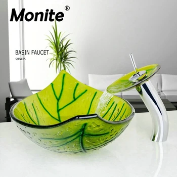 Monite Зелен Лист Ръчно Рисувани Мивка От Закалено Стъкло Кран За Мивка С Набор от Стъклени Мивки С Поп-чашка за изпускателя за Баня