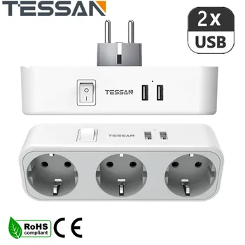 TESSAN USB Socket Multi Plug Power Strip с 3-трети страни, Розетки 2 USB Порта Преминете на ЕС Разклонител Контакта Адаптер за Домашно Пътуване