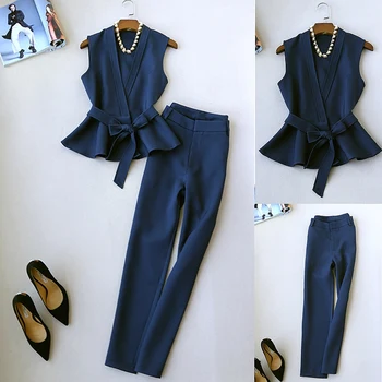 комплект дрехи от 2 теми за жени, новият женски модерен елегантен пионер темпераментна костюм от две части, жилетка без ръкави, комплект панталон