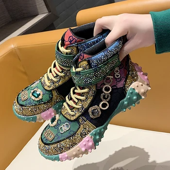 Нови висококачествени дамски разноцветни обувки с кристали, ежедневни дамски обувки с висок берцем, спортни обувки за момичета