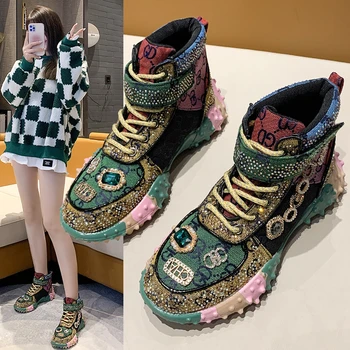 Нови висококачествени дамски разноцветни обувки с кристали, ежедневни дамски обувки с висок берцем, спортни обувки за момичета Изображение 2