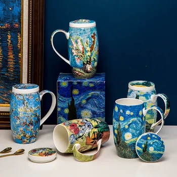 Чаша За Рисуване на Маслени картини на Ван Гог, Керамични Чашата за Кафе, Звездна Нощ, Творчески Големи Чаши, Чаши За Еспресо, Подарък Кутия от Костен Порцелан с Капак, Лъжица Изображение 2