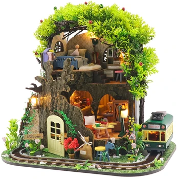 Направи си САМ Дървени Куклени Къщи Миниатюрен Строителен Комплект С Мебели, на Горската Къщичка На Дърво Casa Куклена Къща За Събиране на Играчки за Възрастни Подаръци