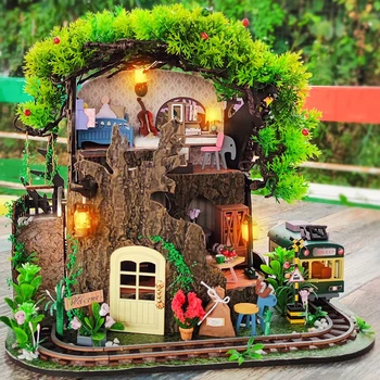 Направи си САМ Дървени Куклени Къщи Миниатюрен Строителен Комплект С Мебели, на Горската Къщичка На Дърво Casa Куклена Къща За Събиране на Играчки за Възрастни Подаръци Изображение 2