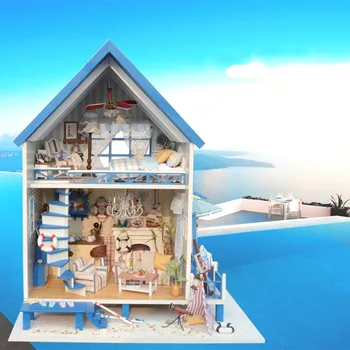 Led Плажен Син Вила куклена къща, мебели, направи си сам куклена къща diy wooden куклена къща миниатюрен куклена къща, мебели детска играчка-пъзел