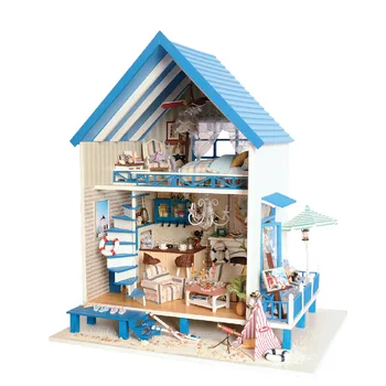 Led Плажен Син Вила куклена къща, мебели, направи си сам куклена къща diy wooden куклена къща миниатюрен куклена къща, мебели детска играчка-пъзел Изображение 2