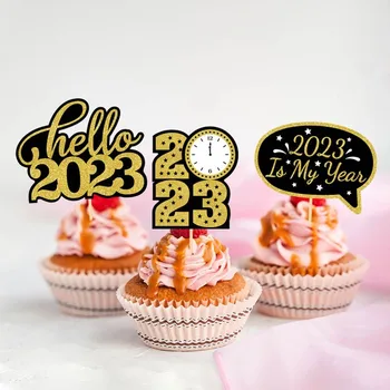 24 бр. честита Нова Година на Cupcake Топперы Флаг Здравейте 2023 Поздрави 2023 Коледна Торта Topper Украса на Коледни Вечерни Аксесоари Изображение 2