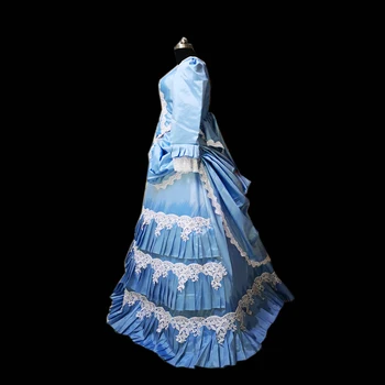 нови сини реколта костюми от 18-ти Херцогинята Ретро Средновековен Театър Реконструкция Епохата на Възраждането Гражданска война Викторианска рокля на D-310 Изображение 2