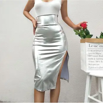 Секси облегающая сребриста пола с цепка, Женска пола с висока талия, зимни Дамски Елегантни вечерни Модни долни дълги поли Изображение 2