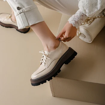 2022 г. Пролетно обувки на платформа от естествена кожа, дамски обувки, Ежедневни лоферы, дамски обувки с кръгло бомбе, Zapatos De Mujer, дамски обувки с кръстосани шнур Изображение 2