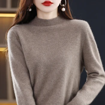 2022 YSC зимни Дамски Безшевни възли пуловер от 100% чиста вълна, яка средна височина, Свободен стил, висококачествени чанти пуловер Изображение 2