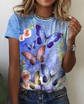 Дамски Ежедневни Празнична тениска С Цветен модел на Пеперуда В почивните дни, Тениска С Флорални Принтом Пеперуда С Къс Ръкав И Кръгло Деколте, Основни Върхове
