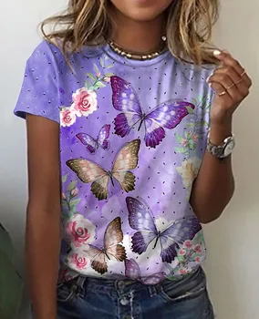 Дамски Ежедневни Празнична тениска С Цветен модел на Пеперуда В почивните дни, Тениска С Флорални Принтом Пеперуда С Къс Ръкав И Кръгло Деколте, Основни Върхове Изображение 2