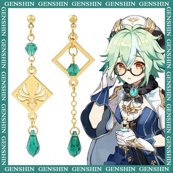 Нередовни Обеци Genshin Impact Таблетка Икона На Вятъра Зелен Камък Crystal Дамски Медальон Дълга Обица Колекция От Игри Фенове Jewelr