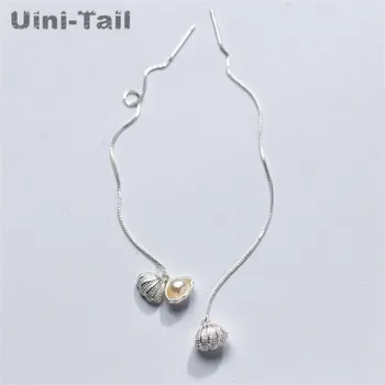 Uini-Tail горещо предложение 925 Тибетское сребро Корейски сладки обеци в формата на черупки дългите перлени обеци с пискюли див темперамент прост свеж