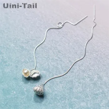 Uini-Tail горещо предложение 925 Тибетское сребро Корейски сладки обеци в формата на черупки дългите перлени обеци с пискюли див темперамент прост свеж Изображение 2