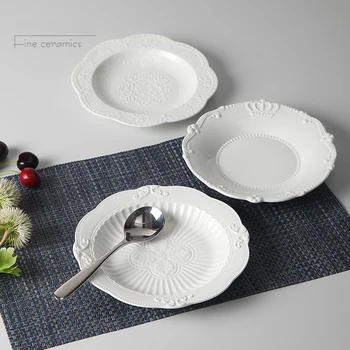 8 - цолови бели порцеланови кът плочи с релефни, керамични коледна чиния за плодов десерт, зарядни устройства за чинии, винтажное кухненско ястие,